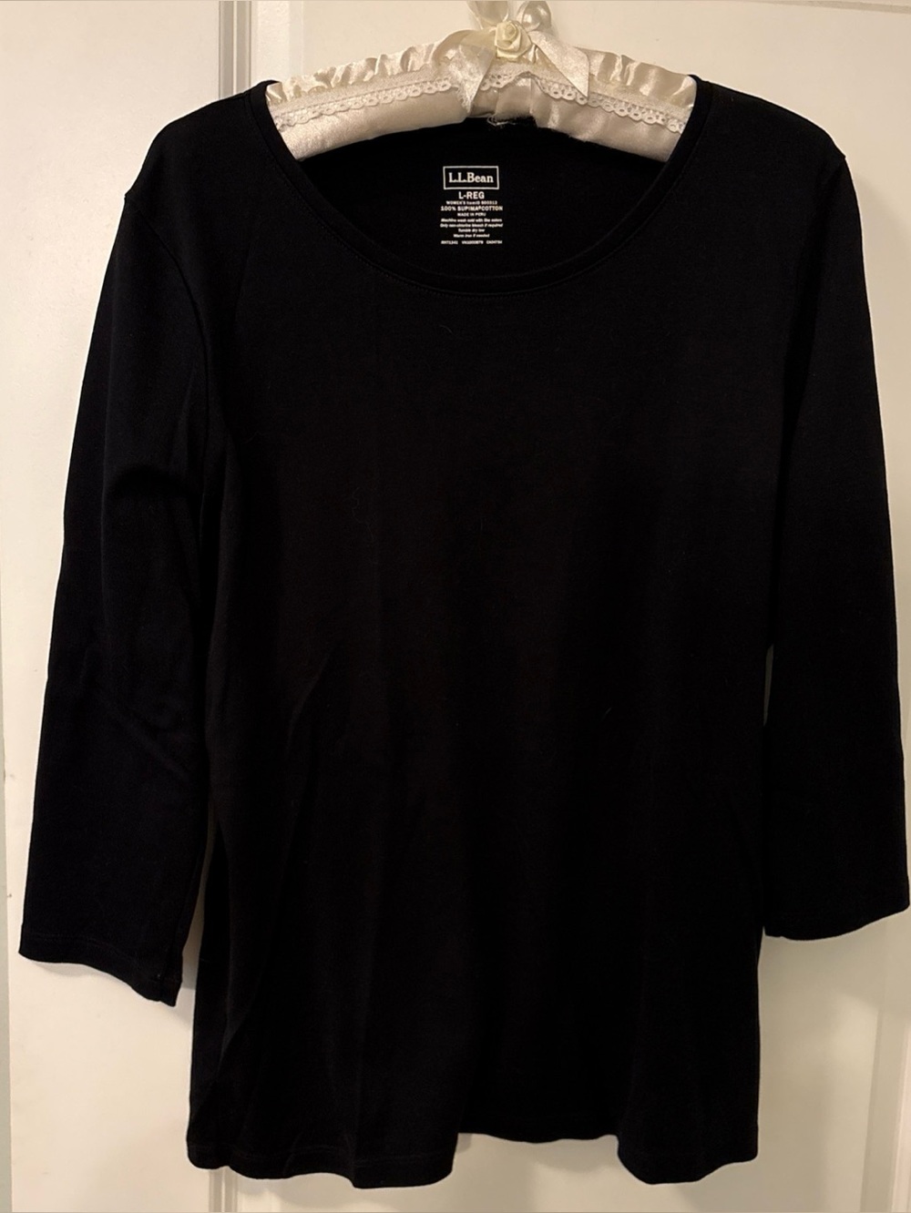 LL Bean-Long Sleeve-Round Neck Top-Black-Supima Cotton-sz L-EUC